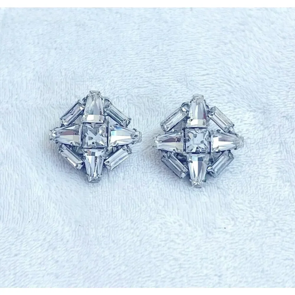 Vtg Weiss Art Deco Revival Clear Rhinestone Clip Earrings MCM Baguettes Signed